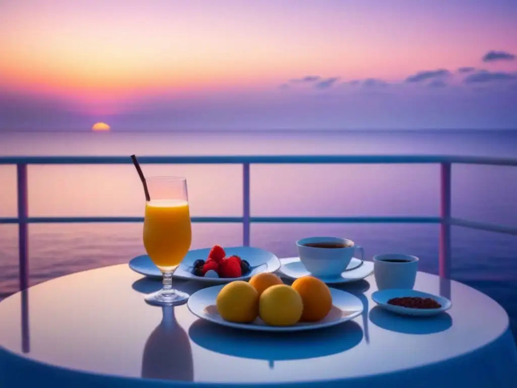 Un amanecer sereno en el océano con un crucero sostenible sirviendo desayunos en cubierta