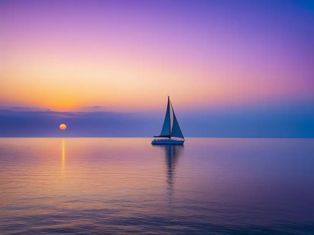 Espléndido amanecer marítimo: serenidad y soledad en el horizonte Un amanecer sereno sobre el océano con luz dorada reflejándose en las aguas tranquilas, mostrando un velero solitario en la distancia