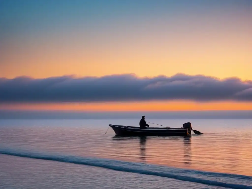 Un amanecer sereno sobre un océano tranquilo, con la silueta de un barco en la distancia y colores pastel suaves