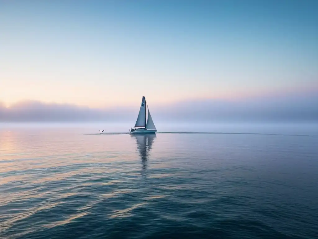 Un amanecer sereno en el océano con un velero, neblina y gaviotas