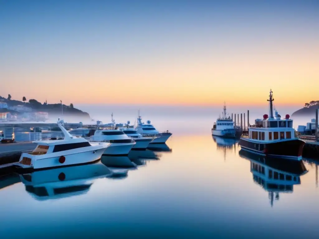 Un amanecer sereno en un pequeño puerto costero con barcos pesqueros y un crucero, reflejando el impacto financiero de cruceros pequeños