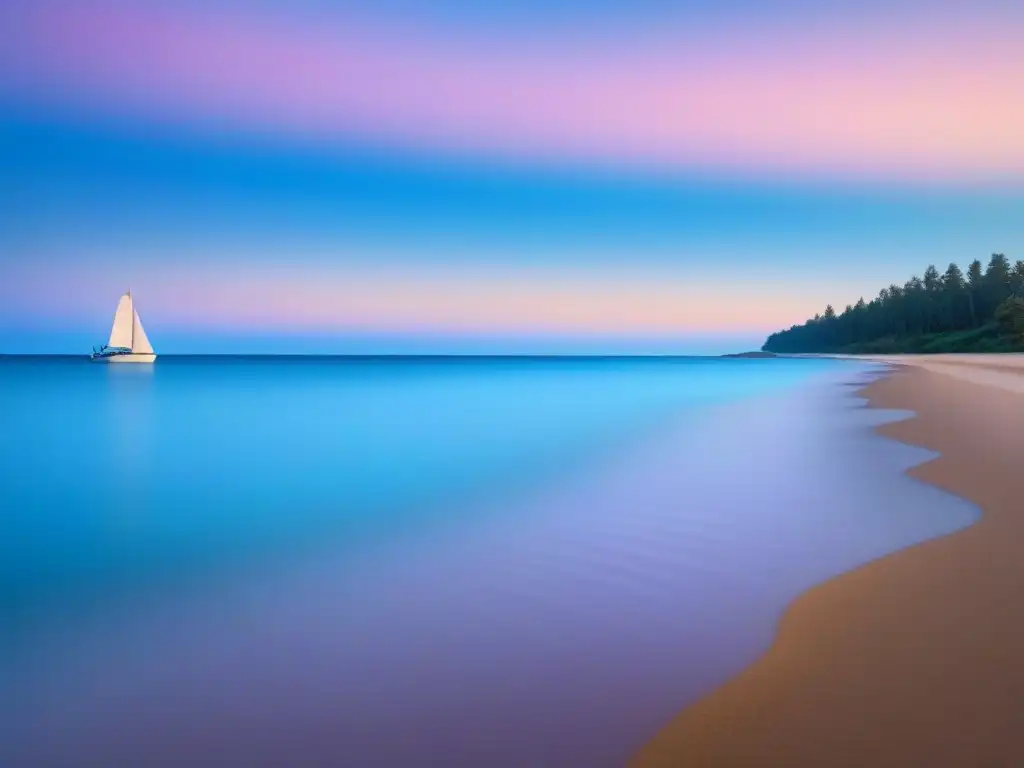 Un amanecer sereno en una playa, con aguas turquesas y un velero solitario