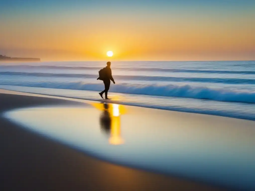 Un amanecer sereno en la playa con una figura solitaria recogiendo basura