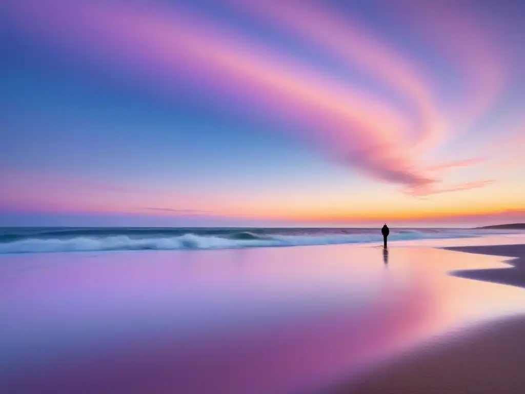 Un amanecer sereno en la playa con olas suaves, un fotógrafo profesional capturando la escena