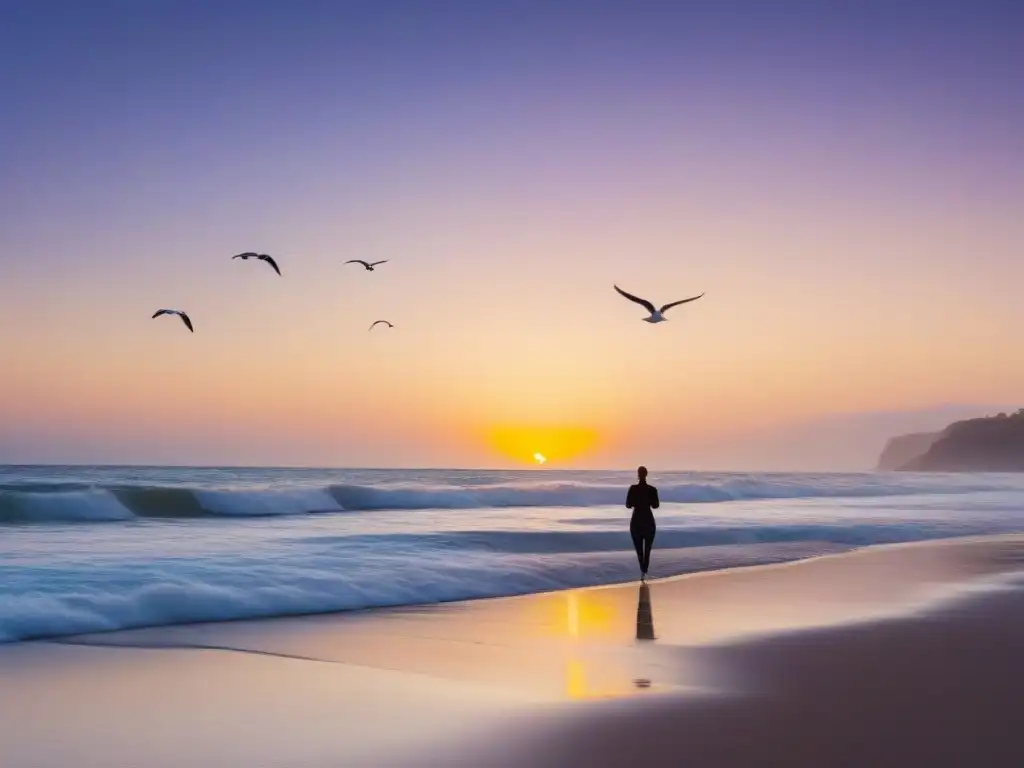 Un amanecer sereno en la playa con olas suaves, gaviotas volando y una persona practicando yoga