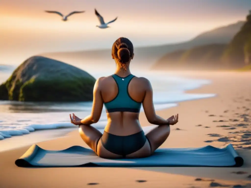 Un amanecer sereno en la playa, con olas suaves, gaviotas volando y una persona practicando yoga