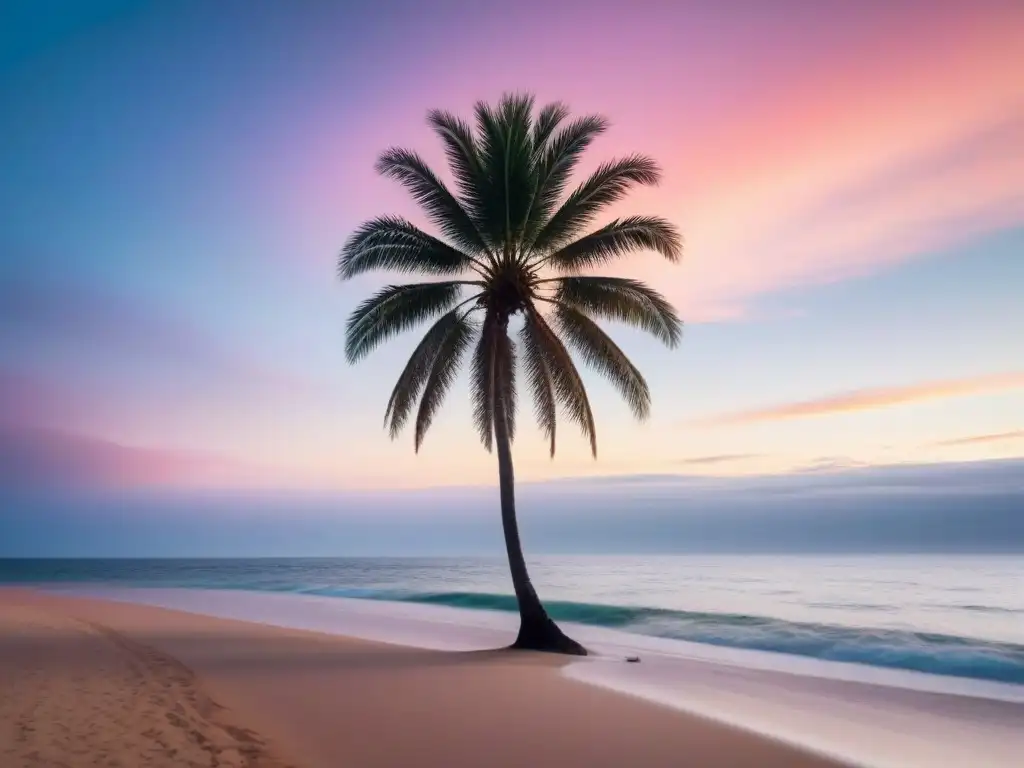 Un amanecer sereno en una playa virgen, con olas suaves y tonos rosados y naranjas en el cielo