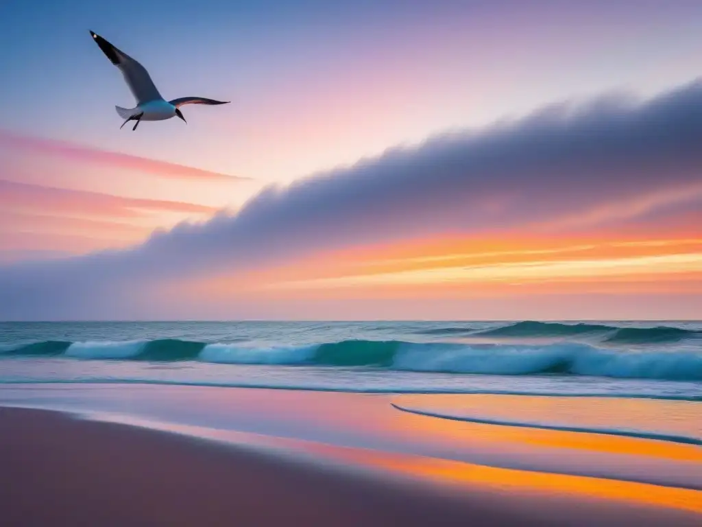 Un amanecer sereno en la playa, con un paddleboarder en el mar