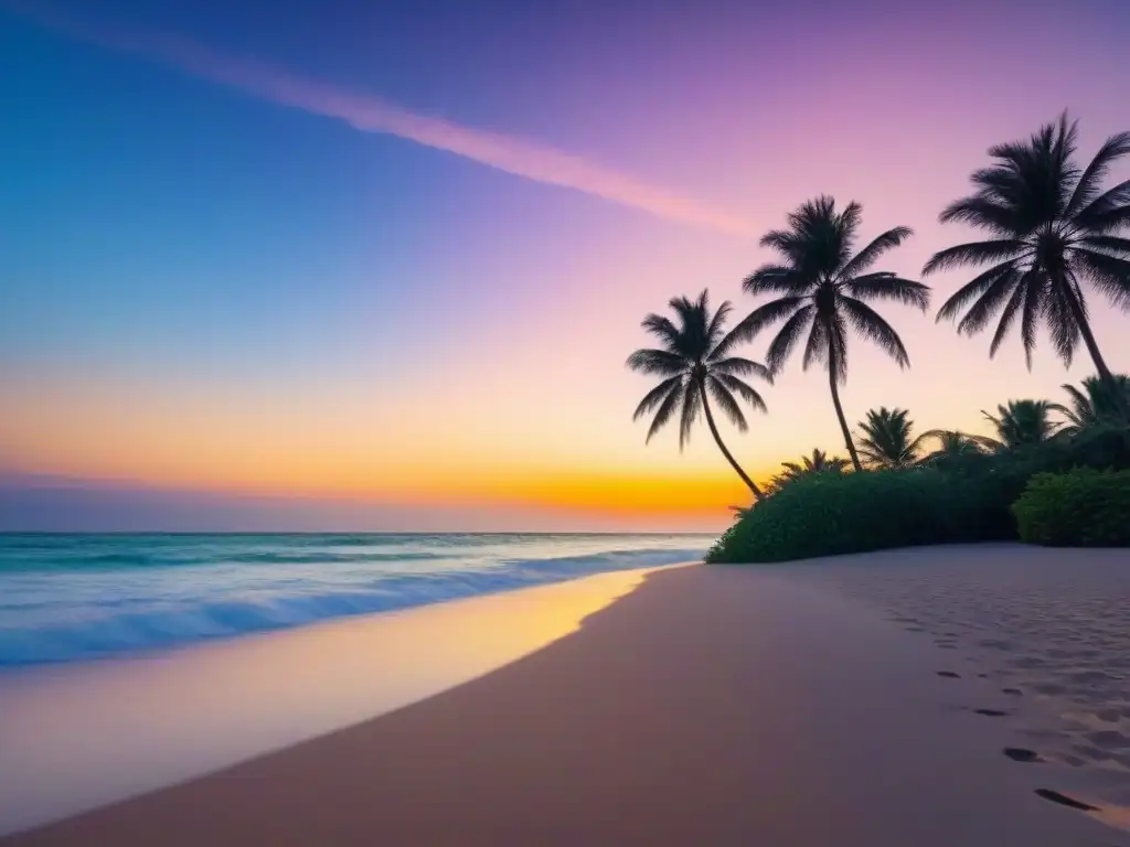 Un amanecer sereno en una playa prístina con aguas turquesas, olas suaves y palmeras