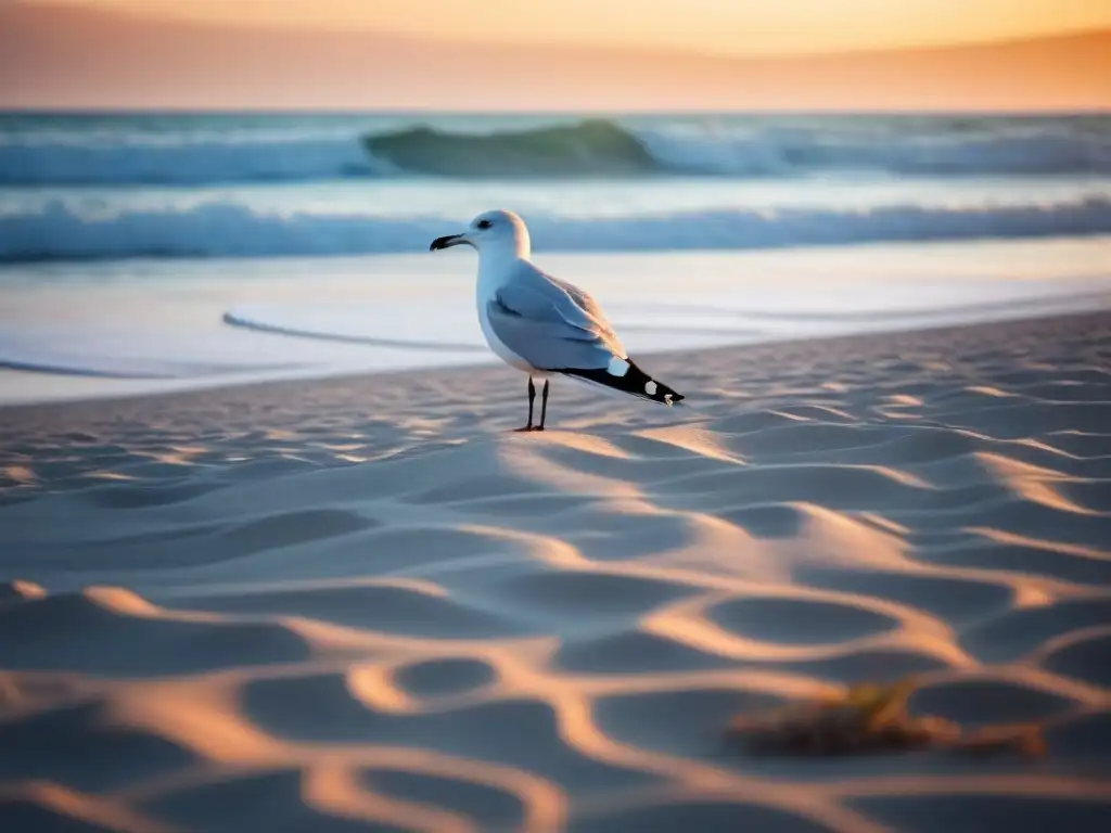 Un amanecer sereno en una playa prístina, olas suaves, gaviotas y un arrecife de coral