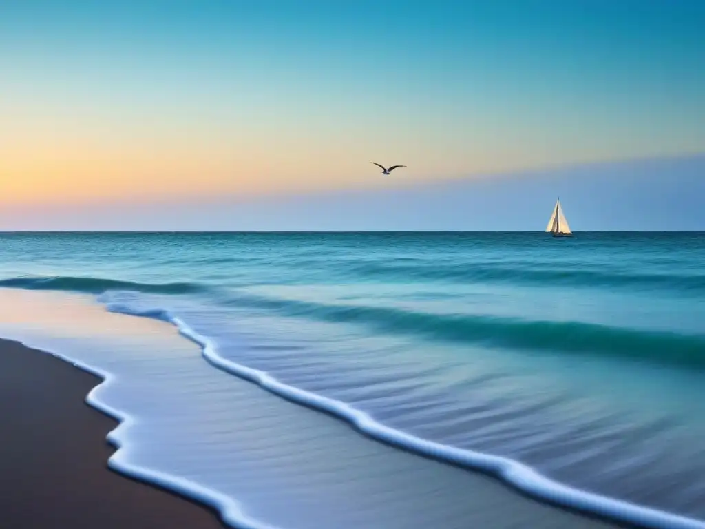 Un amanecer sereno en una playa prístina, aguas turquesas tranquilas, gaviotas en el cielo y un velero en el horizonte