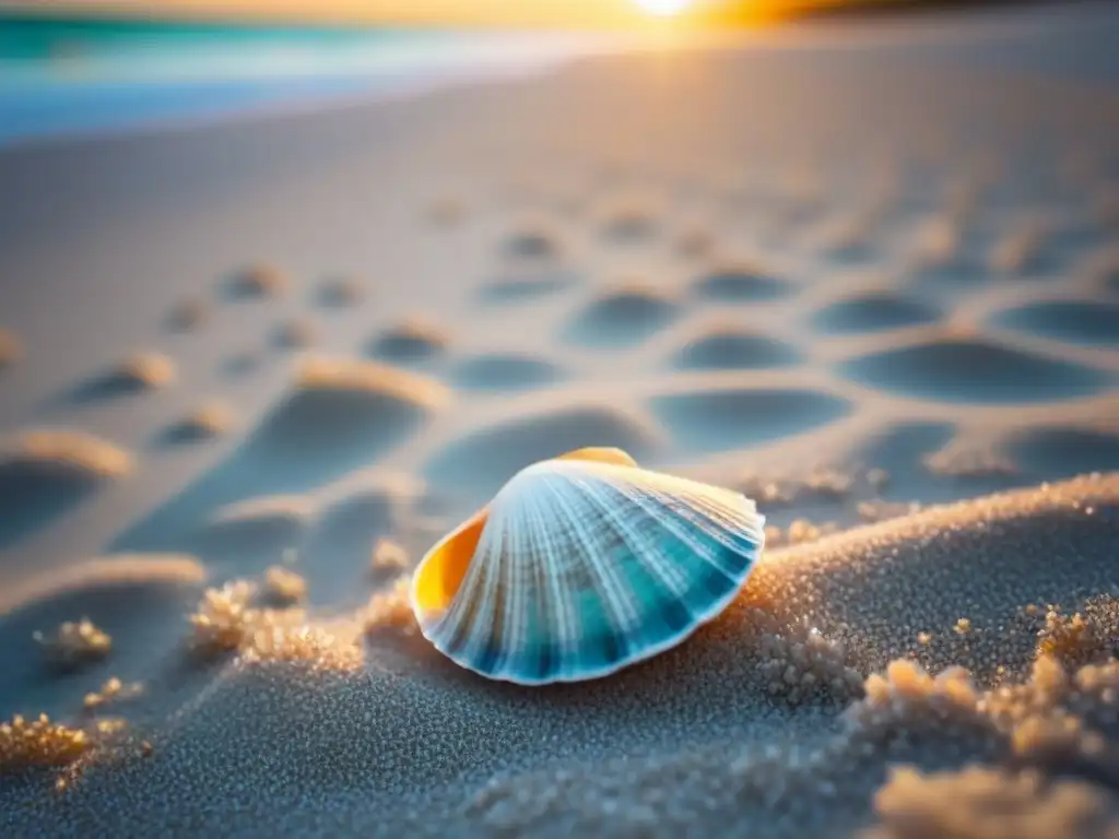 Un amanecer sereno en una playa prístina, con aguas turquesa y una concha en primer plano