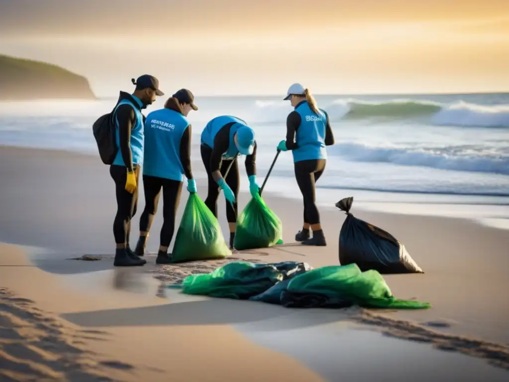 Un amanecer sereno en la playa donde voluntarios en cruceros ecológicos limpian con devoción