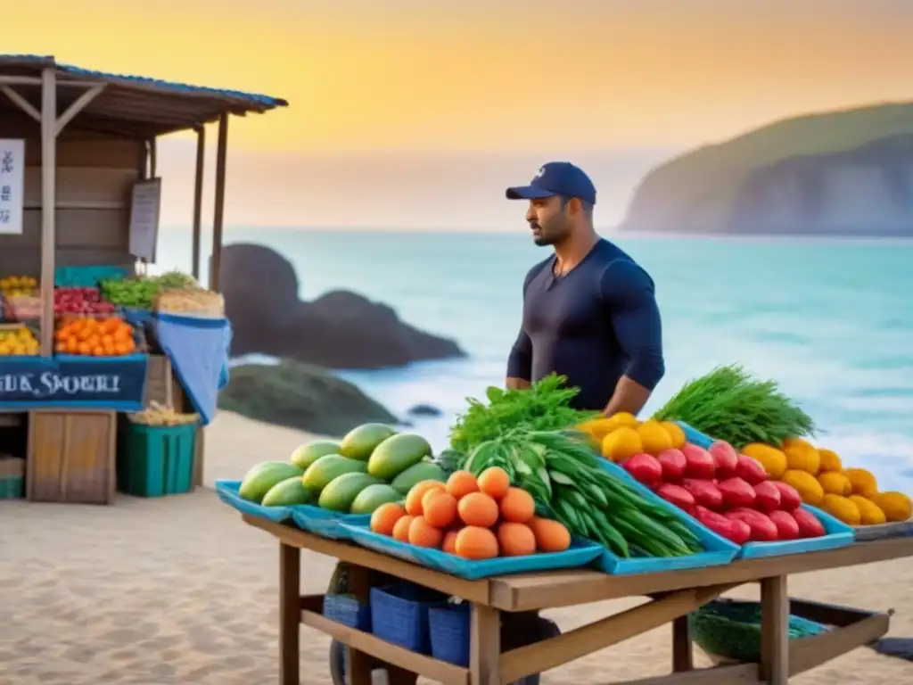 Un amanecer sereno en un pueblo costero, con un comerciante montando un colorido puesto de mercado