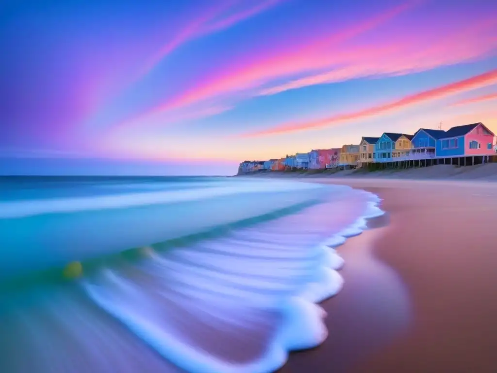 Un amanecer sereno en un pueblo costero con olas suaves, barca pesquera y coloridas casas bajo un cielo pastel