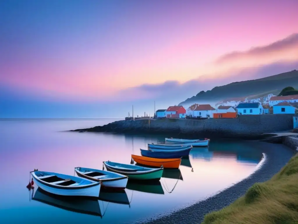 Un amanecer sereno sobre un pueblo costero, con barcos de pesca coloridos y lugareños empezando su día junto al mar