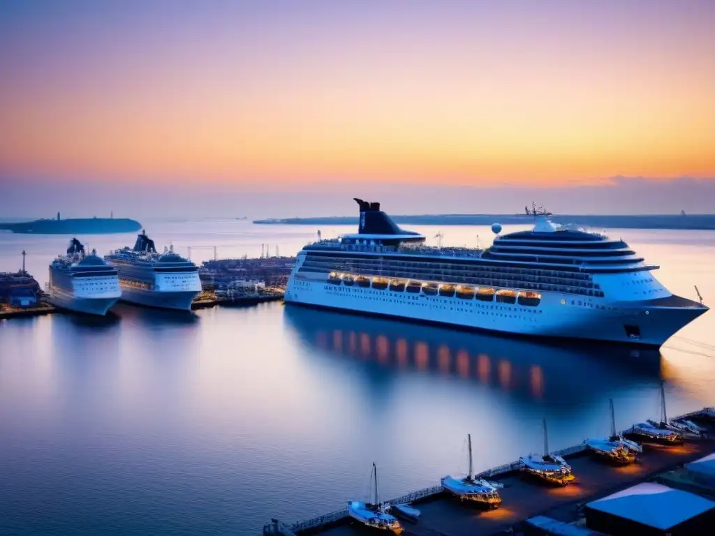 Un amanecer sereno en un puerto con cruceros, reflejando el impacto de los cruceros en las comunidades portuarias