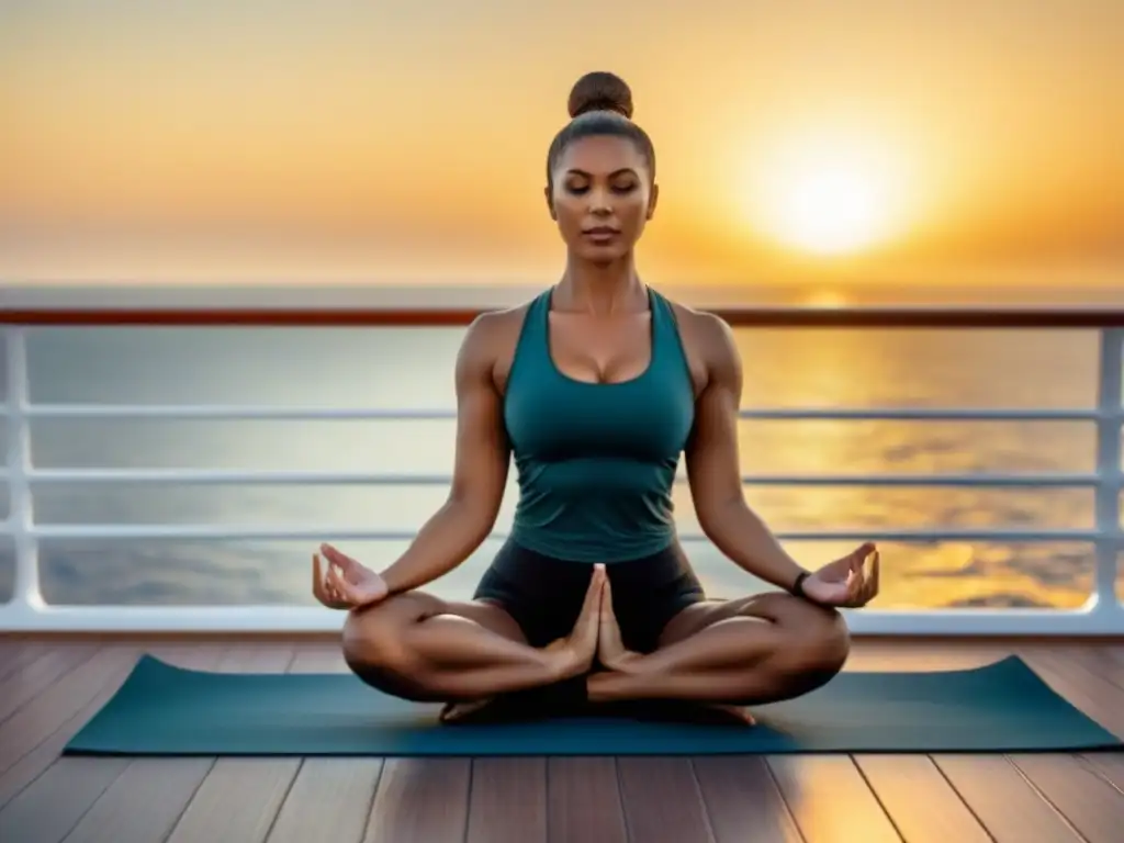 Un amanecer sereno practicando yoga en un crucero, con el mar tranquilo de fondo y una luz dorada creando una atmósfera pacífica