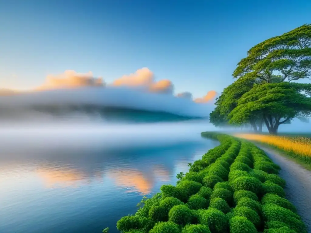 Un amanecer tranquilo sobre el agua, iluminando árboles verdes y cielo azul con nubes esponjosas