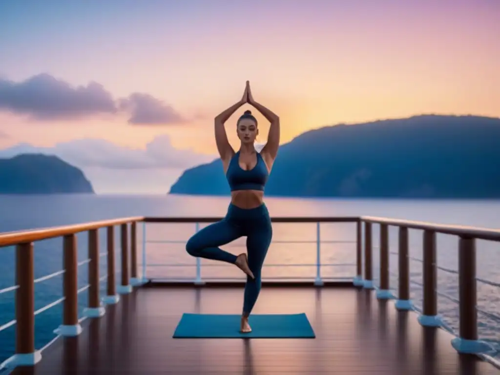 Un amanecer tranquilo sobre aguas serenas con practicante de yoga en crucero de bienestar transformador