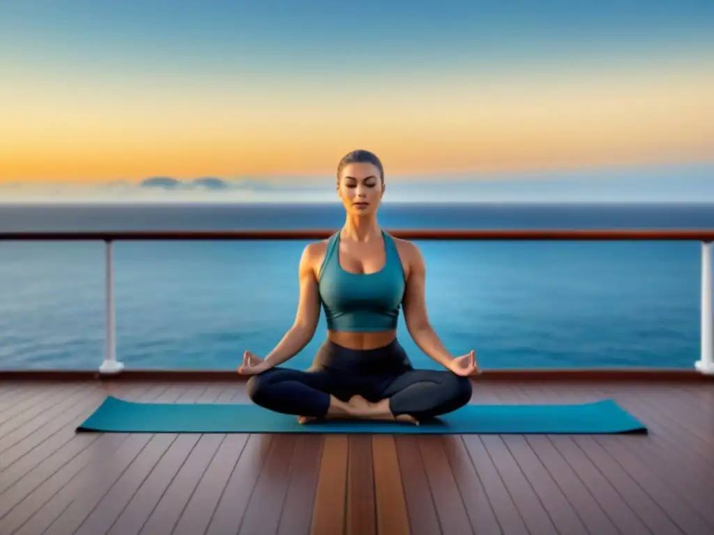 Un amanecer tranquilo sobre aguas serenas con un crucero lejano y una persona practicando yoga en cubierta