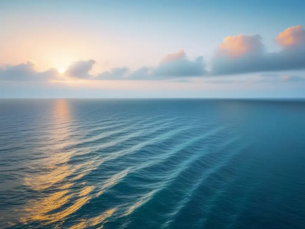 Un amanecer tranquilo sobre aguas serenas, reflejando un suave brillo dorado