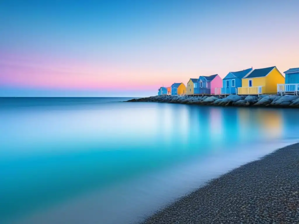 Un amanecer tranquilo en la costa con barcos y una aldea pesquera colorida