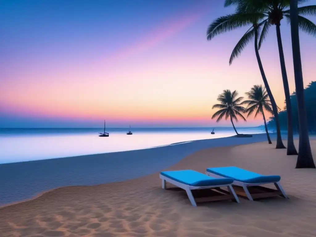 Un amanecer tranquilo en la costa con veleros, playa y sillas frente al mar