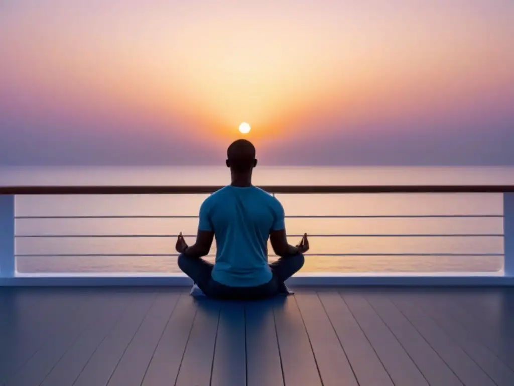 Un amanecer tranquilo en un crucero: meditación al alba sobre cubierta, reflejos de serenidad en el mar