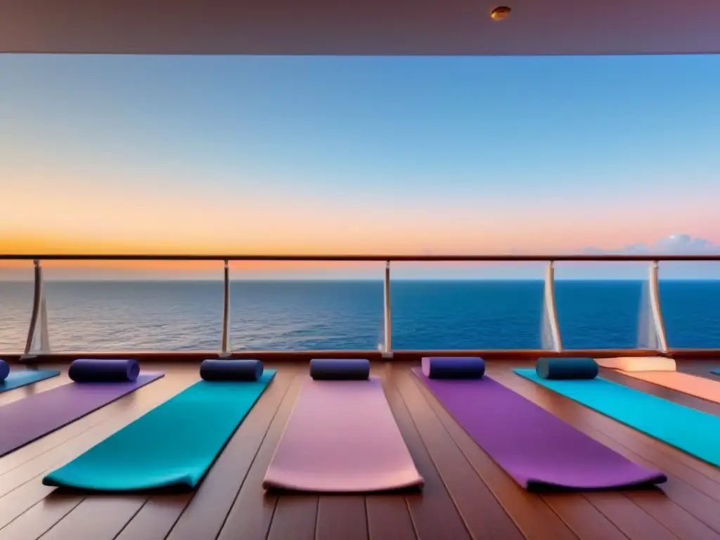 Un amanecer tranquilo en un crucero para retiros de yoga, con colores suaves y un muelle vacío invitando a la serenidad