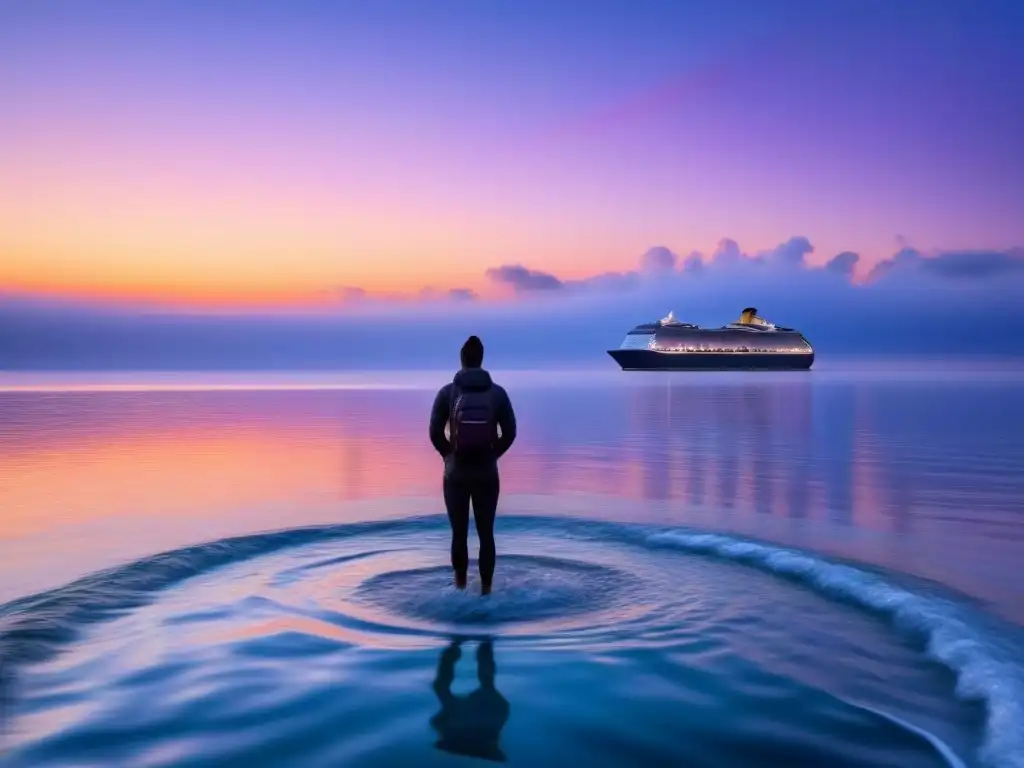 Un amanecer tranquilo en el mar, con un crucero en silueta