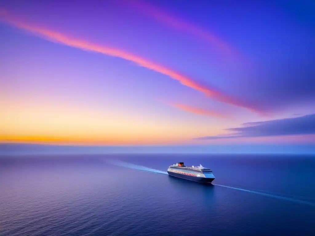 Un amanecer tranquilo en el mar con un crucero solitario, reflejando el impacto ambiental inversiones cruceros