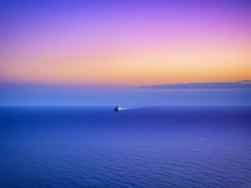 Un amanecer tranquilo y minimalista sobre aguas serenas, con un crucero de bienestar transformador en la distancia