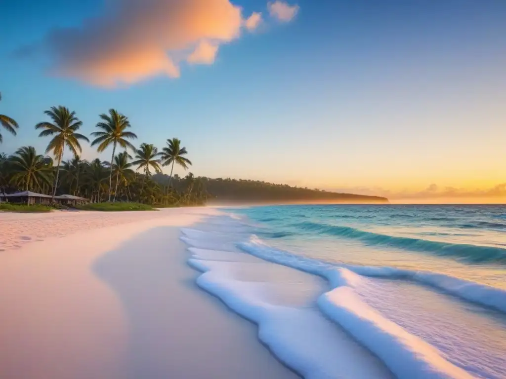 Un amanecer tranquilo en una playa del Caribe, con tonos pastel en el cielo y olas suaves