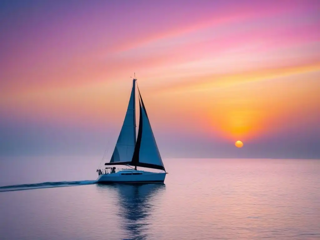 Un amanecer vibrante sobre el mar con un velero y tonos pastel