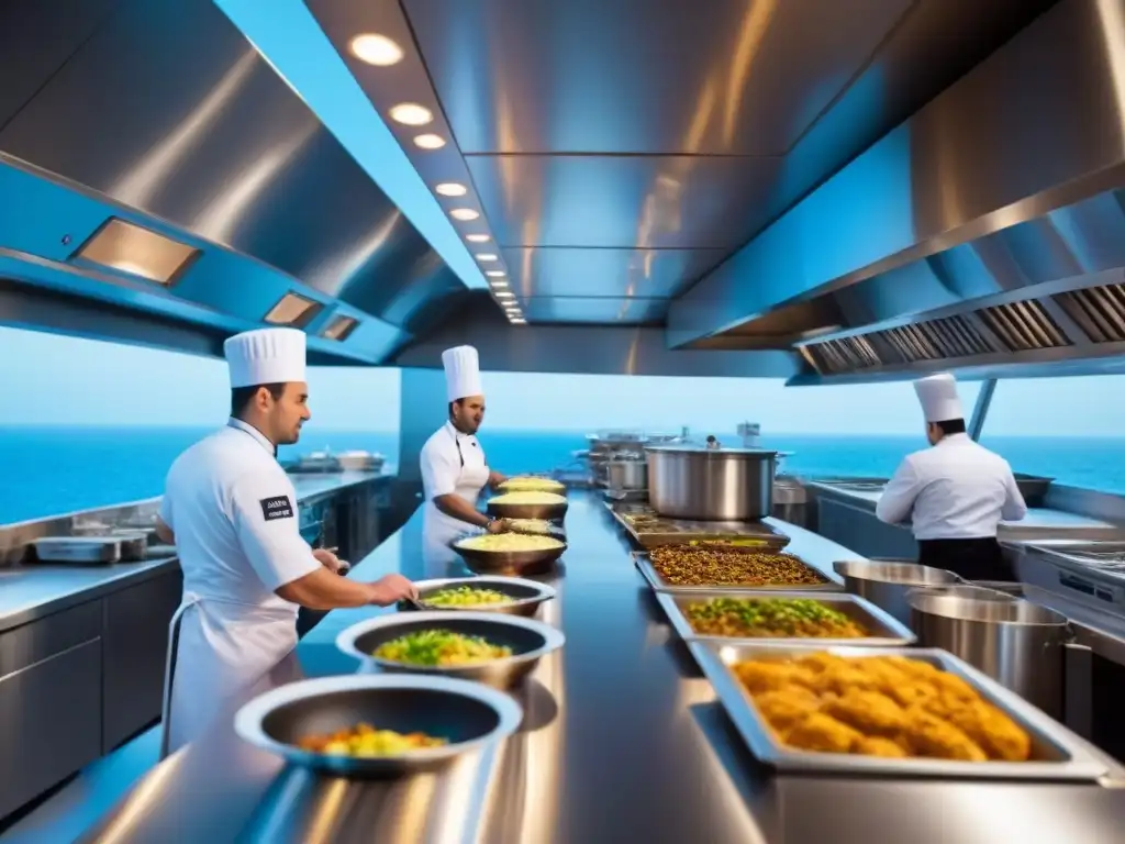 Un ambiente culinario innovador en un crucero moderno, chefs preparando platos gourmet con precisión y creatividad