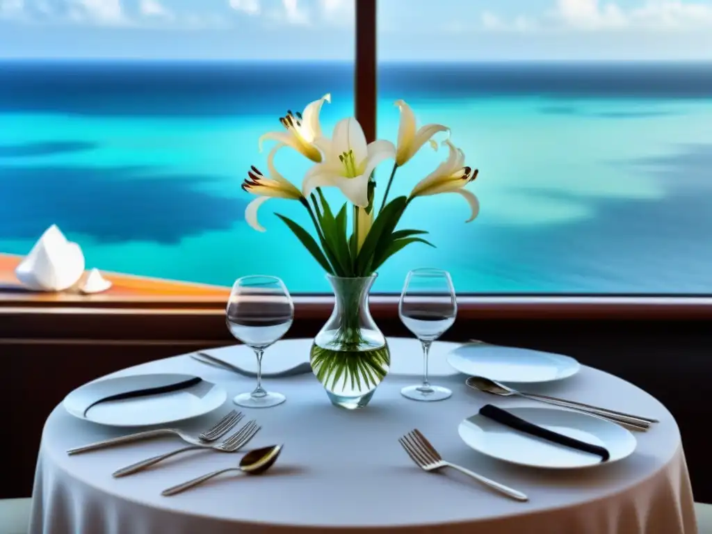 Ambiente elegante de cena en crucero con vajilla fina y lirios blancos, con vistas al mar