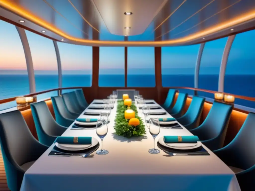 Ambiente elegante en un comedor de crucero con vistas al mar, comensales disfrutando de una cena gourmet bajo un cielo estrellado