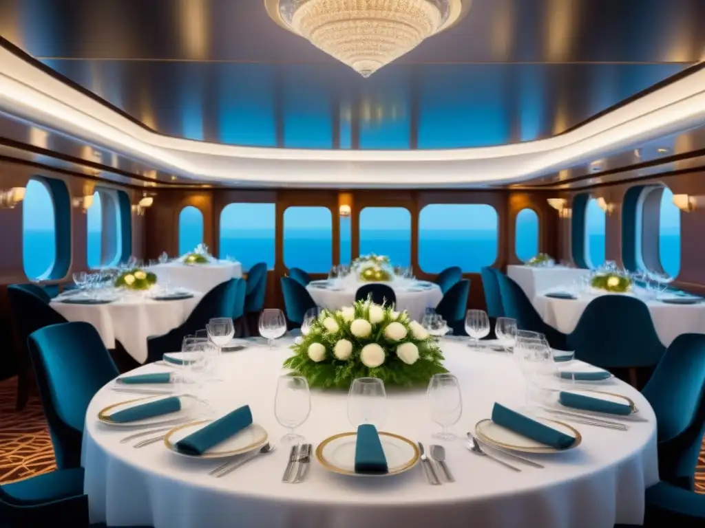 Ambiente exclusivo de cenas temáticas en cruceros: lujoso comedor con fina vajilla, cristalería y cubiertos, exquisita decoración y luz suave