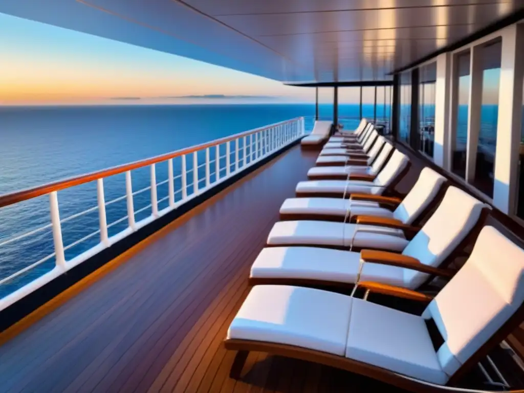 Ambiente exclusivo en crucero de lujo al atardecer con acabados elegantes y relajantes