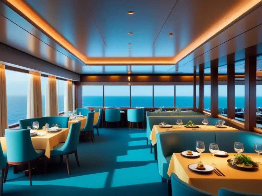 Ambiente innovador en cenas temáticas cruceros: fusión culinaria vibrante de sushi, pasta, tacos y curry en elegante comedor de crucero