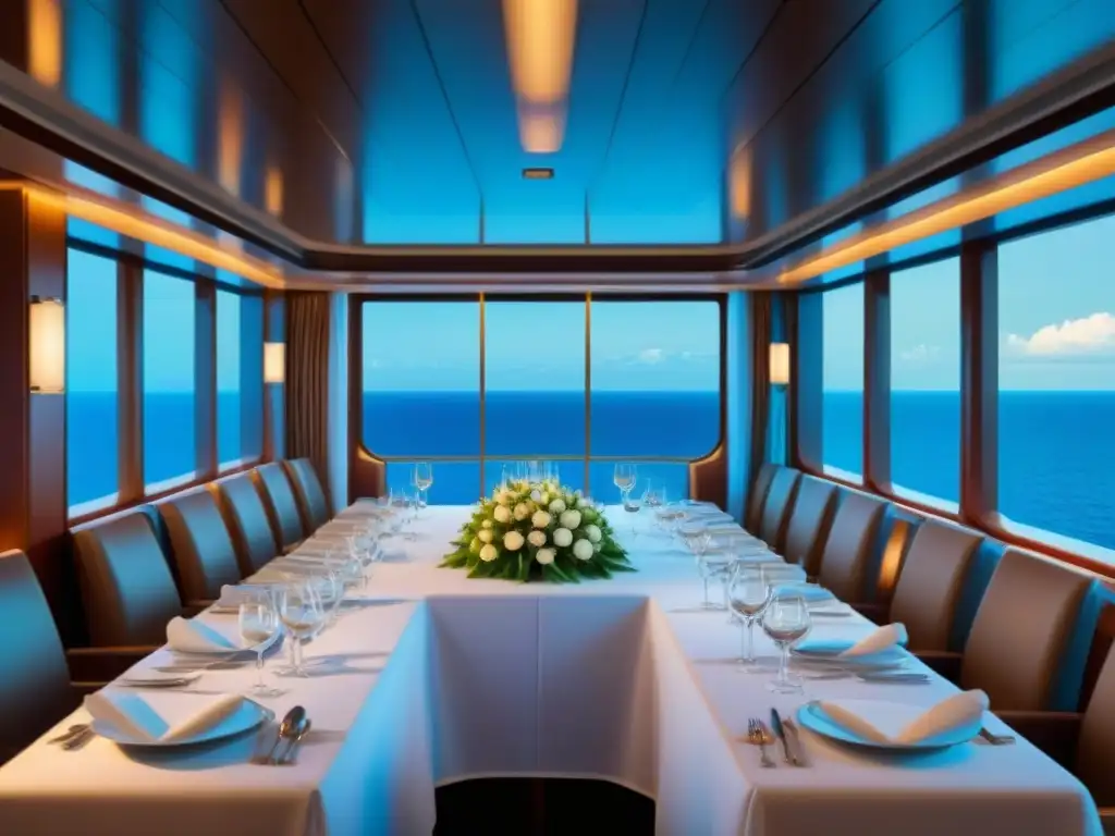 Ambiente de lujo y sofisticación en el comedor de un crucero marítimo, con detalles náuticos y exquisita gastronomía en cruceros marítimos