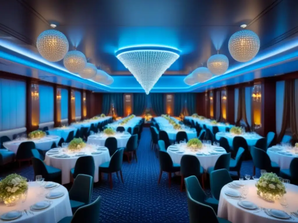 Ambiente de lujo en un comedor de crucero, con candelabros de cristal y elegantes mesas, en una cena de gala en cruceros