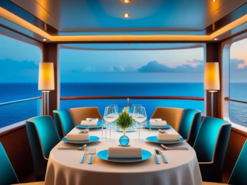 Ambiente de lujo en crucero: mesa elegante con vajilla fina y vista al mar, creando una experiencia gastronómica exclusiva