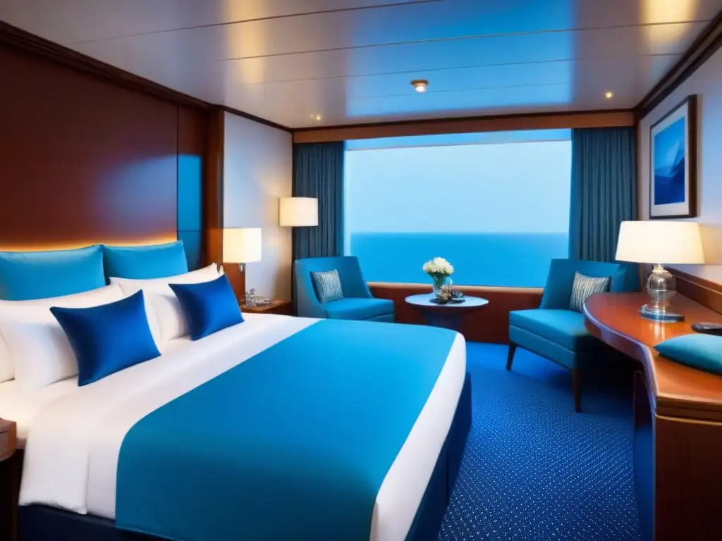 Un ambiente de lujo y serenidad en una suite de crucero premium, con cama king, balcón con vista al mar y decoración elegante