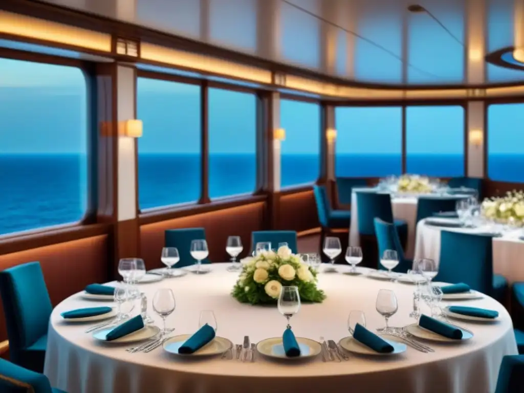 Ambiente lujoso en un comedor de crucero con mesa elegante y vista al mar, ideal para disfrutar de la gastronomía en cruceros de lujo