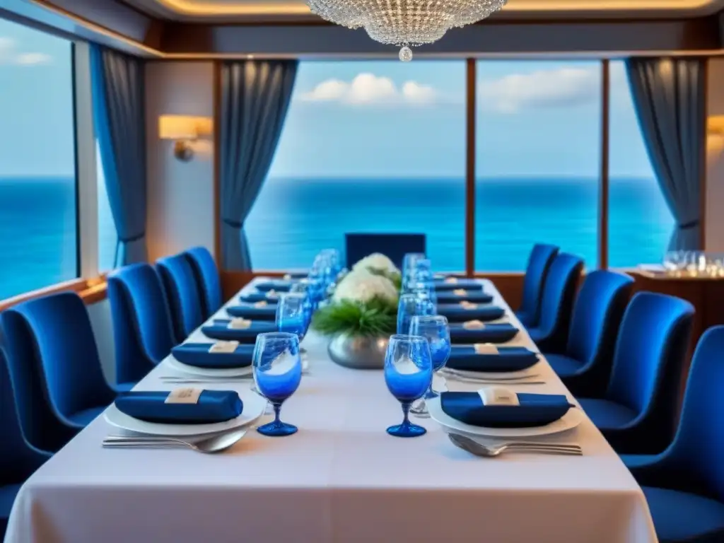 Ambiente lujoso y sereno en una cena de gala en crucero, con mesa elegante, vajilla fina y vista al mar