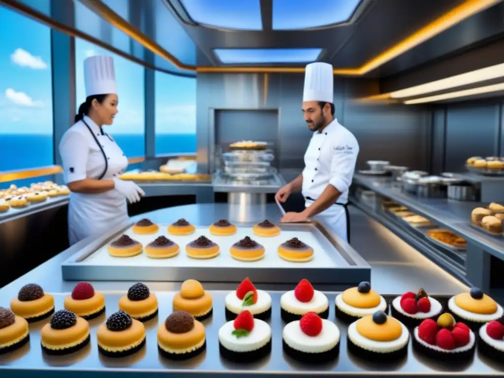 Pastelería de lujo en crucero: arte dulce en alta mar Un ambiente sereno en la cocina de repostería de un crucero, donde chefs crean exquisitas recetas de pastelería en cruceros