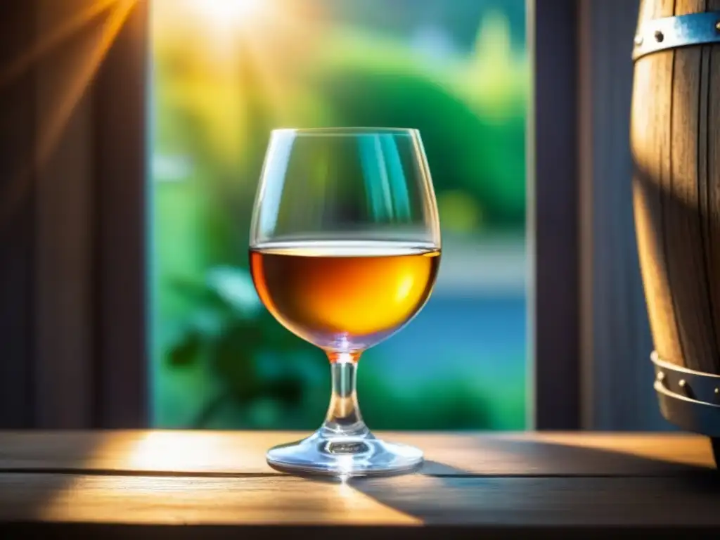 Un ambiente sereno con una copa de vino sobre un barril de madera, iluminada por la luz del sol