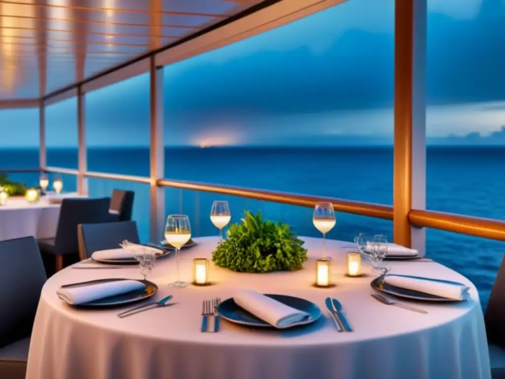 Ambiente sereno en cubierta de crucero de lujo con mesa de cena vegana y opciones cena temática crucero vegano